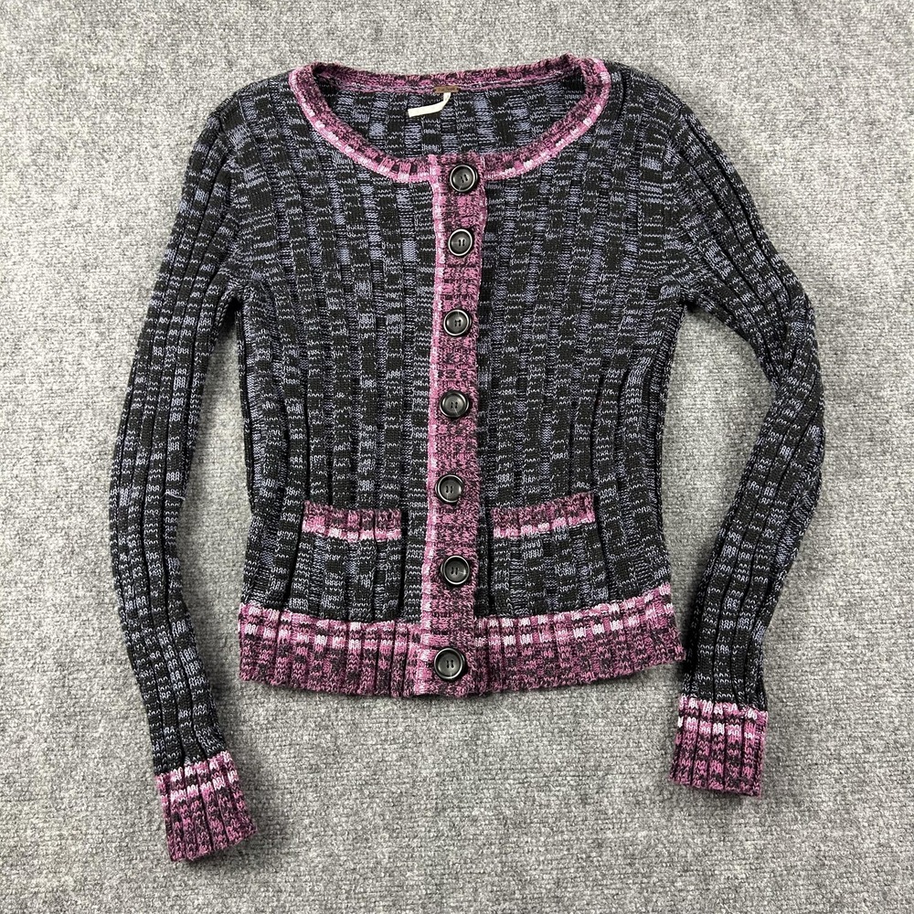 Free People‎ Cardigan Sweater Womens Large Black Pink Striped Button Front Knit